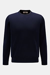 Fioroni Cashmere Rundhalspullover navy, Slim Fit, reiner Cashmere, weiches, feines Strickbild, Rundhals, flexible Rippbündchen, Frontalansicht.