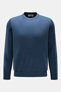 Fioroni Cashmere Rundhalspullover graublau, Slim Fit, reiner Cashmere, feines Strickbild, Rundhalsausschnitt, flexible Rippbündchen, frontale Aufnahme.