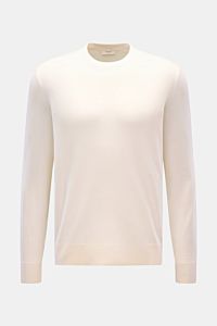 Agnona Cashmere Rundhalspullover creme, frontale Nahaufnahme, feines Strickbild, reiner Cashmere, weicher Griff, Regular Fit, Rundhalsausschnitt, Rippbündchen, Metalllabel hinten.