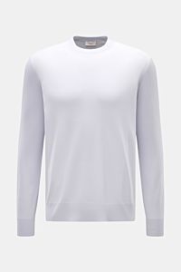 Agnona Cashmere Rundhalspullover rauchblau, Frontansicht, feines Strickbild, reiner Cashmere, weicher Griff, Regular Fit, Rundhalsausschnitt, Rippbündchen, Metalllabel hinten.