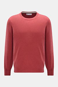 Brunello Cucinelli Cashmere Rundhalspullover hellrot shown from the front, a luxurious light red pure cashmere sweater with round neckline, fine knit texture, slim contrast edges, flexible rib cuffs, and regular fit offering warmth and a soft touch. Al