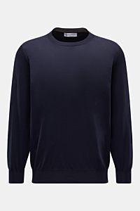 Brunello Cucinelli Rundhalspullover navy, frontale Ansicht, feiner Strick aus Wolle und Cashmere mit schmalen Kontrastkanten, Regular Fit, flexible Rippbündchen.