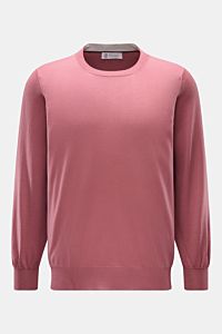 Brunello Cucinelli Rundhalspullover altrosa shown from the front, timeless wool and cashmere knit, smooth touch, fine knit, slim contrast edges, regular fit, flexible rib cuffs. Dieser zeitlose, vielseitige Pullover von BRUNELLO CUCINELLI aus feinstem 