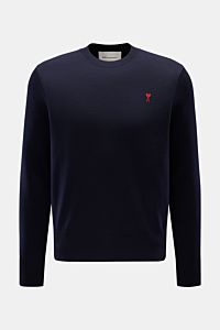 Ami Paris Merino Rundhalspullover navy, Frontansicht, Regular Fit, reine Merinowolle, weicher Griff, feines Strickbild, Rundhalsausschnitt, Logo-Stitching, Rippbündchen.