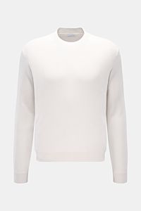 Front view of Iris von Arnim Cashmere-Seide Feinstrick-Rundhalspullover 'Presano' offwhite, a lightweight luxury sweater with a fine piqué structure, round neckline, regular fit, soft cashmere and silk blend, and comfortable ribbed cuffs.