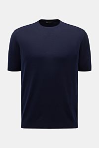 Colombo Kurzarmpullover navy shown from the front on a plain background, made of pure kid wool with a very soft feel, regular fit, round neckline, and comfortable ribbed cuffs. Subtle luxury crafted from exclusive 'Kid Wool' fiber by COLOMBO, featuring ex