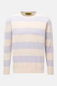 Front view of B.F. Knitwear Crew neck jumper lavender/cream striped, a lightweight summer knit in pure cotton with soft feel, fine knit, striped pattern, slim fit, crew neck, quilted decorative stitching, and elasticated rib knit bands.