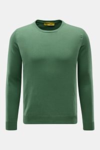 B.F. Knitwear Crew neck jumper green shown from the front, slim fit in pure cotton with a soft feel, fine knit, ribbed bands, and a comfortable crew neck. A versatile essential for spring, enhancing any wardrobe with a clean, timeless aesthetic.