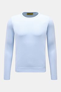 Front view of B.F. Knitwear Crew neck jumper light blue, slim fit, pure cotton with fine knit, soft feel, ribbed bands for comfort.

Description: A versatile essential for spring: This crew neck jumper in pure cotton by B.F. KNITWEAR enhances any wardr