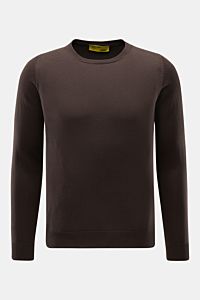 B.F. Knitwear Crew neck jumper dark brown shown from the front on a plain background, made of pure cotton with a soft feel, fine knit, slim fit, crew neck, and comfortable ribbed bands. A versatile essential for spring with a clean, timeless aesthetic.