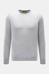 Front view of the B.F. Knitwear Cashmere crew neck jumper light grey mottled, a slim fit, pure cashmere fine airy knit with soft feel and elasticated rib knit bands. Lightweight summer cashmere from knitwear experts B.F. KNITWEAR: enhance your spring ward