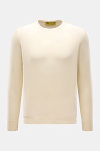Front view of B.F. Knitwear Cashmere crew neck jumper cream, lightweight summer cashmere, pure, soft, fine airy knit, slim fit, crew neck, elasticated rib knit bands. Lightweight summer cashmere from knitwear experts B.F. KNITWEAR: enhance your spring 