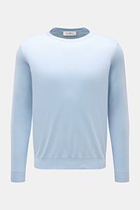 Della Ciana Feinstrick-Rundhalspullover 'Girocollo' pastellblau shown from the front, slim fit with round neckline, soft silk and cashmere blend, fine knit, and ribbed cuffs. 