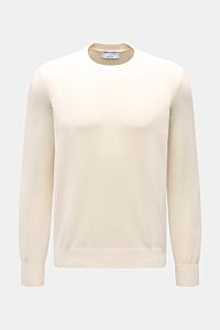 Gran Sasso Rundhalspullover creme aus reiner Baumwolle, Slim Fit, feines Strickbild, weicher Griff, Rundhals, Rippbündchen, Frontalansicht.