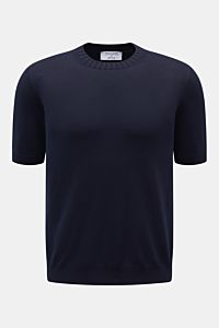 Gran Sasso Kurzarmpullover navy, Slim Fit, aus reiner Baumwolle mit Rundhalsausschnitt, feinem Strickbild, Rippbündchen, frontale Ansicht.