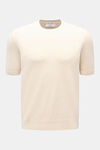 Gran Sasso Kurzarmpullover creme, frontale Nahaufnahme, reine Baumwolle, Slim Fit, Rundhalsausschnitt, feines Strickbild, Rippbündchen, weicher Griff.