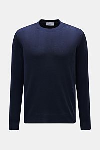Gran Sasso Rundhalspullover dunkelblau meliert, reine Wolle, Slim Fit, Rundhalsausschnitt, feines Strickbild, Rippbündchen, frontale Produktansicht.