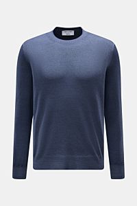 Gran Sasso Rundhalspullover graublau meliert, Slim Fit, reine Wolle, feines Strickbild, Rundhalsausschnitt, Rippbündchen, Frontansicht.