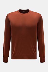 Gran Sasso Rundhalspullover rostbraun, frontal fotografiert, Regular Fit, Rundhals, weicher Feinstrick aus Wolle, Cashmere und Seide, flexible Rippbündchen.