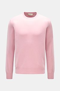 Bruno Manetti Cashmere Rundhalspullover rosé, feines Strickbild, Regular Fit, weicher Griff, Rundhalsausschnitt, Rippbündchen, frontale Ansicht.