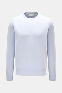 Bruno Manetti Cashmere Rundhalspullover hellblau, Frontansicht, aus weichem reinem Cashmere mit feinem Strickbild, Regular Fit, Rundhalsausschnitt, Rippbündchen.