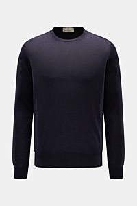 Bruno Manetti Feinstrick-Rundhalspullover navy, frontal fotografiert, Regular Fit, Cashmere-Seide-Mix, weicher Griff, Rundhalsausschnitt, Rippbündchen.