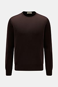 Frontale Ansicht des dunkelbraunen Bruno Manetti Feinstrick-Rundhalspullovers aus Cashmere-Seide-Mix mit Regular Fit, Rundhalsausschnitt und weichen Rippbündchen.