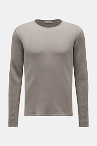 Front view of Kiefermann Crew neck jumper 'Jenario' grey mottled, pure linen, fine knit, slightly textured feel, regular fit, crew neck, ideal for summer and layering.