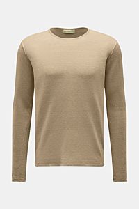 Front view of Kiefermann Crew neck jumper 'Jenario' sand mottled, pure linen, fine knit, slightly textured, regular fit, ideal for summer and layering.
