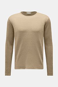 Kiefermann Rundhalspullover 'Jenario' sand meliert, Frontansicht, reines Leinen, Regular Fit, Rundhalsausschnitt, luftige Struktur, feines Strickbild.