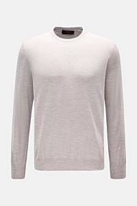 Front view of Moorer Rundhalspullover 'Orvieto' grau meliert, a slim fit grey melange crewneck sweater in fine pure new wool with soft touch, very fine knit, and comfortable ribbed cuffs. 

Description: 
Puristische Raffinesse: In feinem Schurwollstric