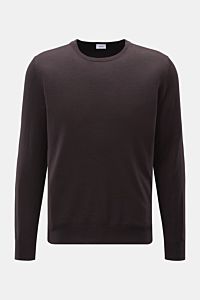 von Braun Merino Rundhalspullover dunkelbraun, Slim Fit, aus reiner Merinowolle mit feinem Strickbild, Rundhalsausschnitt, elastischen Rippbündchen, frontal fotografiert.