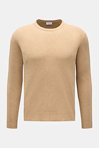 Frontale Nahaufnahme des 04651/ A trip in a bag Rundhalspullover 'Knit Terry Crew' beige mit feiner Bouclé-Struktur, Slim Fit und flexiblem Rippbündchen.