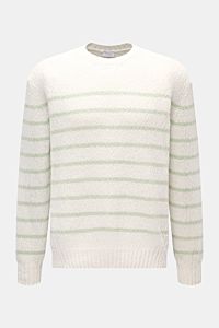 04651/ A trip in a bag Rundhalspullover 'Mouline Striped' offwhite/salbei gestreift, grob gestrickt, Oversized Fit, Rundhalsausschnitt, Rippbündchen, Frontansicht.