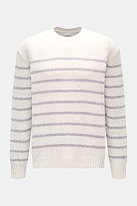 04651/ A trip in a bag Rundhalspullover 'Mouline Striped' offwhite/lavender gestreift, Grobstrick, Oversized Fit, Rundhalsausschnitt, Rippbündchen, Frontansicht