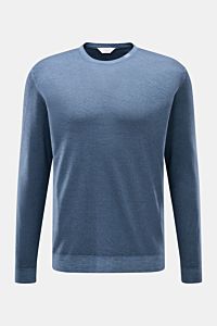 Malo Cashmere Rundhalspullover graublau, Slim Fit, reiner Cashmere, feines Strickbild, Rundhalsausschnitt mit Stick-Detail, Rippbündchen, frontal fotografiert.