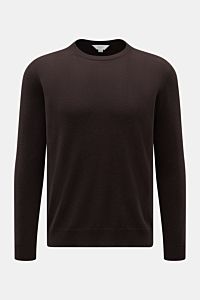 Malo Cashmere Rundhalspullover dunkelbraun, frontal fotografiert, Slim Fit, weicher Griff, feines Strickbild, Rippbündchen, reiner Cashmere.