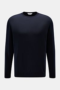 Malo Rundhalspullover navy, Slim Fit, aus Cashmere-Seide-Mix, feines Strickbild, Rundhalsausschnitt, Rippbündchen, frontal fotografiert.