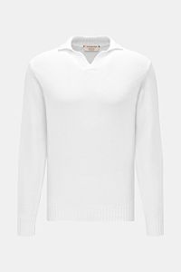 Fioroni V-Neck Pullover weiß, Frontansicht, Slim Fit, mittelfeines Strickbild, halber Stehkragen als V-Neck, weiche reine Baumwolle, flexible Rippbündchen.