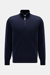 Front view of the Brunello Cucinelli Cashmere Troyer navy, a sportive leisure essential made in Solomeo from pure cashmere with a very soft touch, fine knit pattern, narrow contrast edges, regular fit, Troyer collar with zipper, and flexible ribbed cuffs.