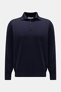 Front view of the Brunello Cucinelli Strickpolo navy, a long-sleeve polo shirt made from a mix of virgin wool and cashmere with a soft touch, fine knit, slim contrast edges, regular fit, classic collar, three-button placket, and flexible ribbed cuffs. 