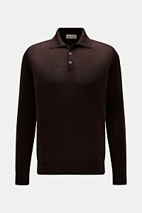 Bruno Manetti Strickpolo dunkelbraun, frontal fotografiert, Slim Fit, weicher Cashmere-Seiden-Mix, Polokragen, Drei-Knopf-Leiste, Rippbündchen.
