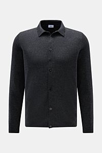 von Braun Cashmere Strickhemd dunkelgrau meliert, Slim Fit, feines Strickbild, klassischer Umlegekragen, glatte Knopfleiste, Rippbündchen, Frontansicht, reiner mongolischer Cashmere, sehr weich, luxuriöses Winter-Essential.