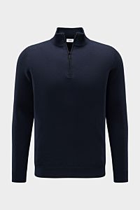 von Braun Cashmere Troyer navy, frontal fotografiert, Slim Fit, reiner Cashmere, weicher Griff, feines Strickbild, Troyerkragen mit Zipper, flexible Rippbündchen.
