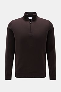 von Braun Cashmere Troyer dunkelbraun, frontale Ansicht, Slim Fit, reiner Cashmere aus Mongolei, weicher Griff, feines Strickbild, Troyerkragen mit Zipper, flexible Rippbündchen, zeitloses Design.
