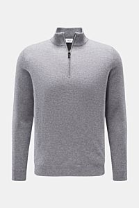 von Braun Cashmere Troyer grau meliert, frontale Perspektive, Slim Fit, reiner Cashmere aus Innerer Mongolei, feines Strickbild, Troyerkragen mit Zipper, flexible Rippbündchen, sehr weicher Griff.