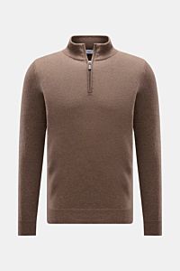 von Braun Cashmere Troyer braun meliert, frontal fotografiert, Slim Fit mit Troyerkragen und Zipper, reiner Cashmere aus der Mongolei, weicher Griff, feines Strickbild, flexible Rippbündchen.