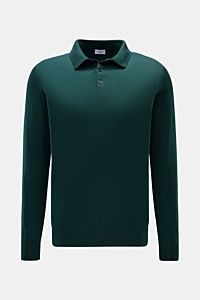 von Braun Merino Feinstrickpolo dunkelgrün, frontale Ansicht, Slim Fit, schmaler Polokragen, glatte Drei-Knopf-Leiste, Rippbündchen, reine Merinowolle, feines Strickbild, geschmeidig.