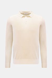 von Braun Merino Feinstrickpolo creme, frontal fotografiert, Slim Fit, reine Merinowolle, feines Strickbild, schmaler Polokragen, Drei-Knopf-Leiste, Rippbündchen, glatter Griff.