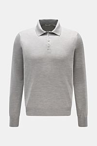 Front view of Gran Sasso Fine knit polo light grey mottled, a long sleeve slim fit knit polo with a signature collar, four-button placket, and ribbed bands. Luxury you can feel on your skin: This long sleeve knit polo by BRAUN HAMBURG has an exceptionally